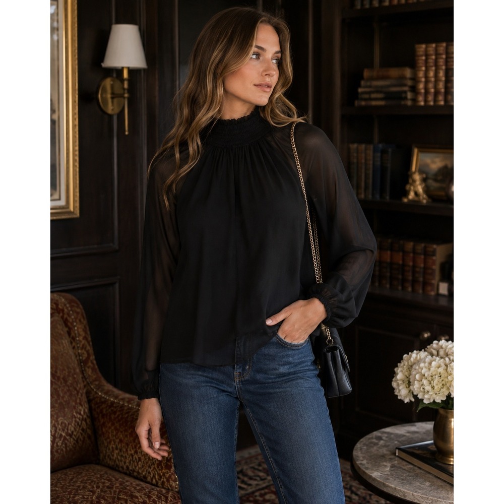 Joie Blouse Womens Small Black Sheer Smocked Mock Neck Romantic Goth